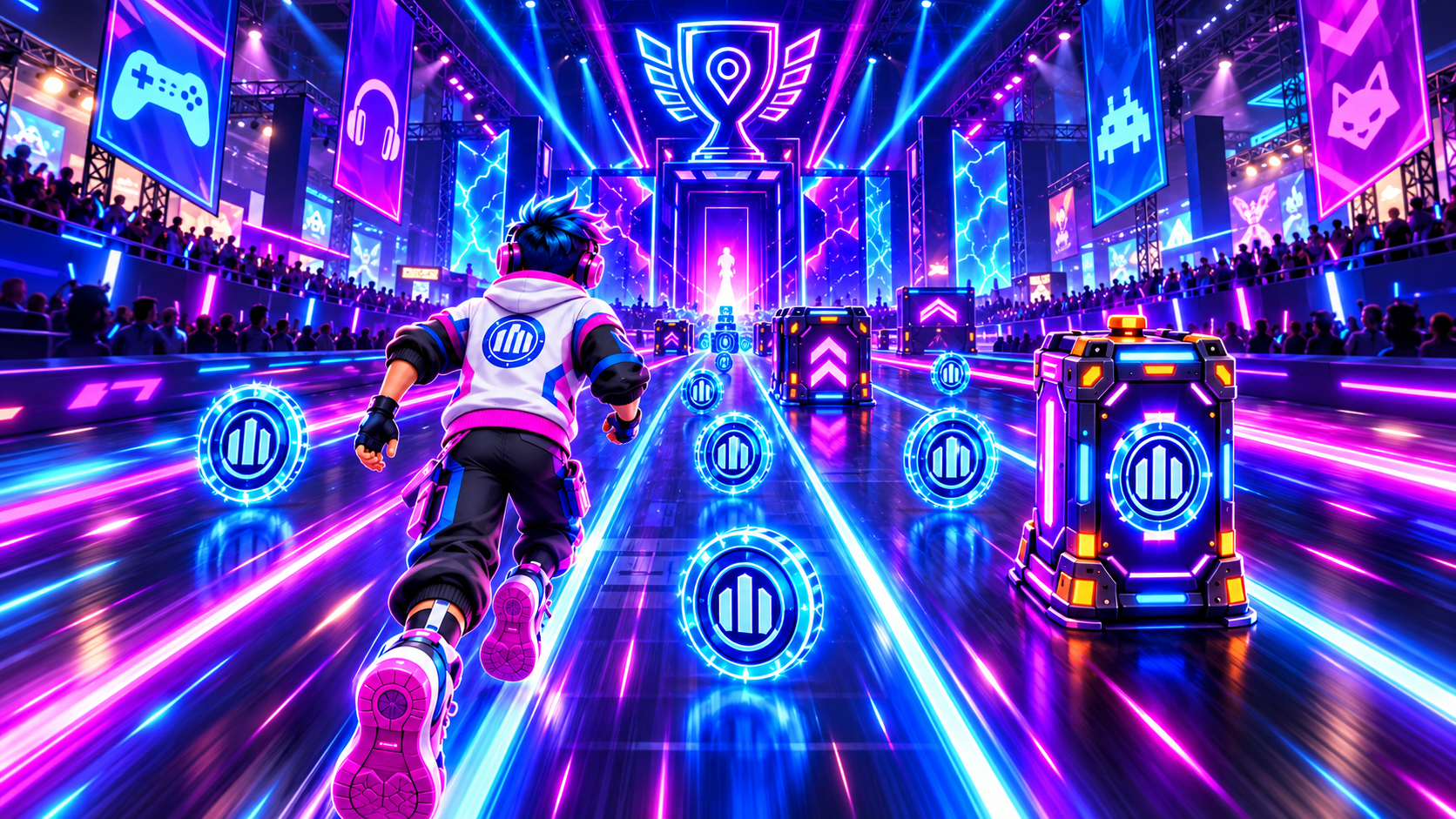 Gamescom Rush: Ein Runner sammelt leuchtende Coins auf einer neonblauen Strecke
